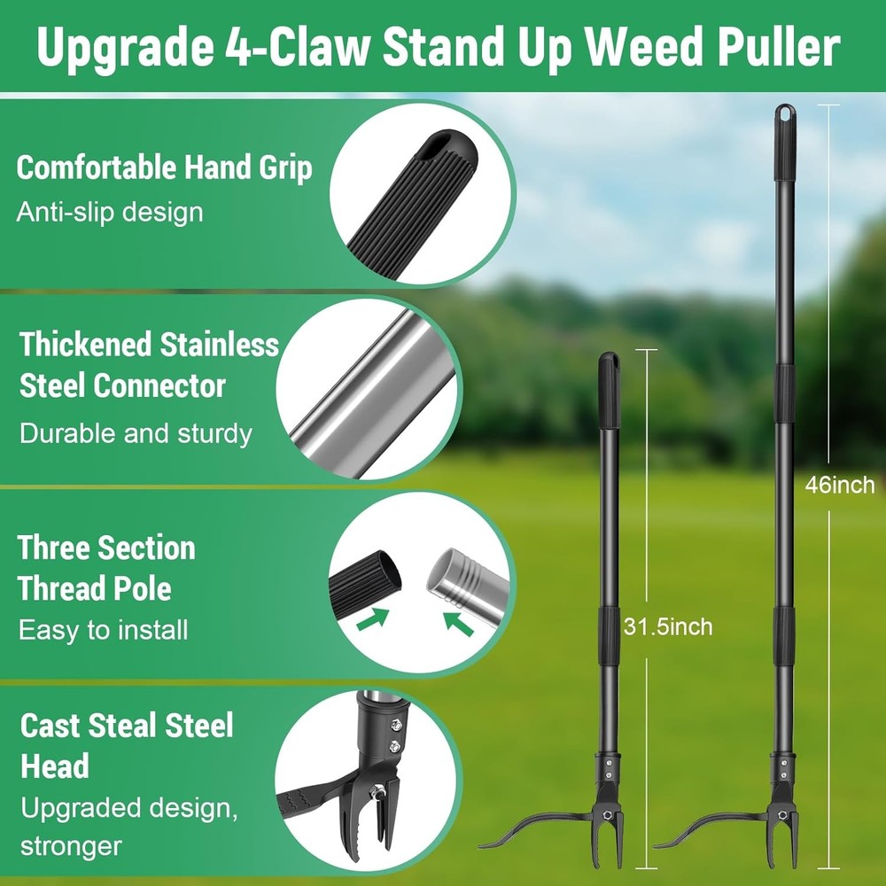 GOXAWEE Weed Puller Tool, 4-Claw Stand Up Weeder with Adjustable 46” Handle