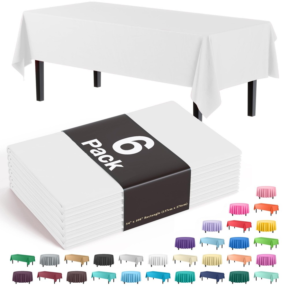 Premium Plastic Tablecloth 6-Pack, 54 x 108, White Rectangle Cover