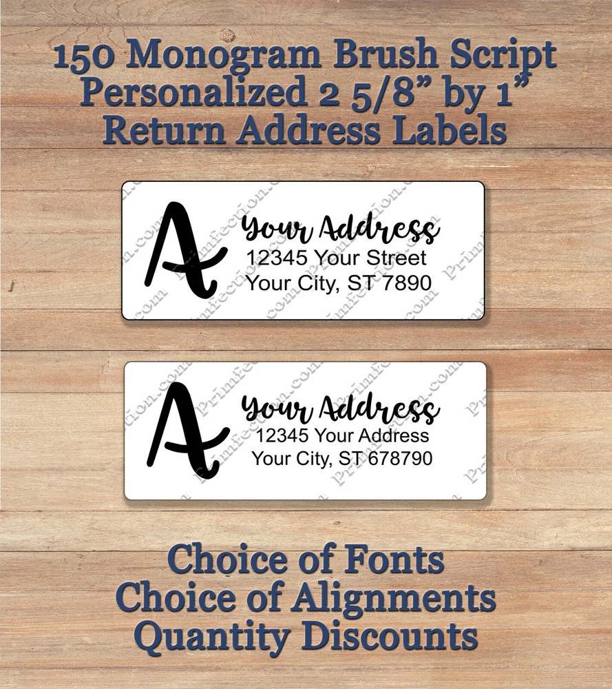 150 Custom GLOSSY 1 x 2.63 Inch Return Address Monogram Brush Script Labels