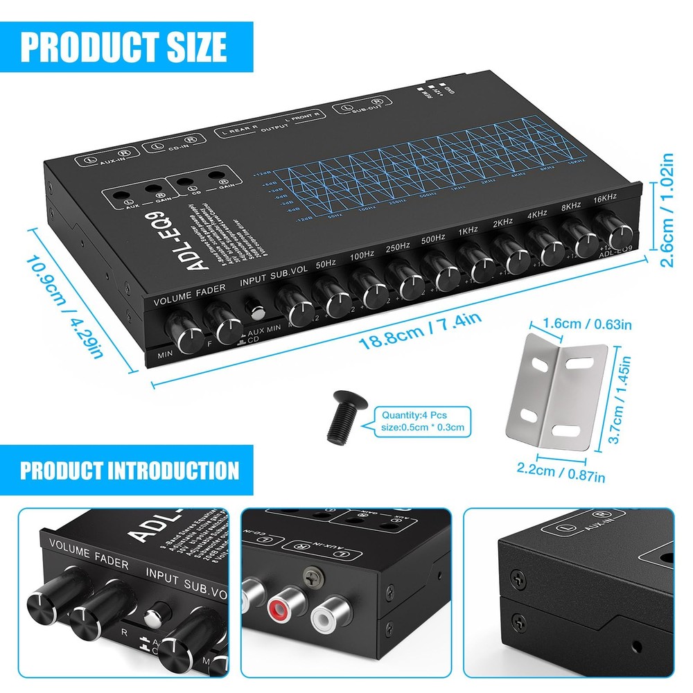 Facmogu 9-Band Car Audio Equalizer, Graphic Equalizer EQ W/Front,