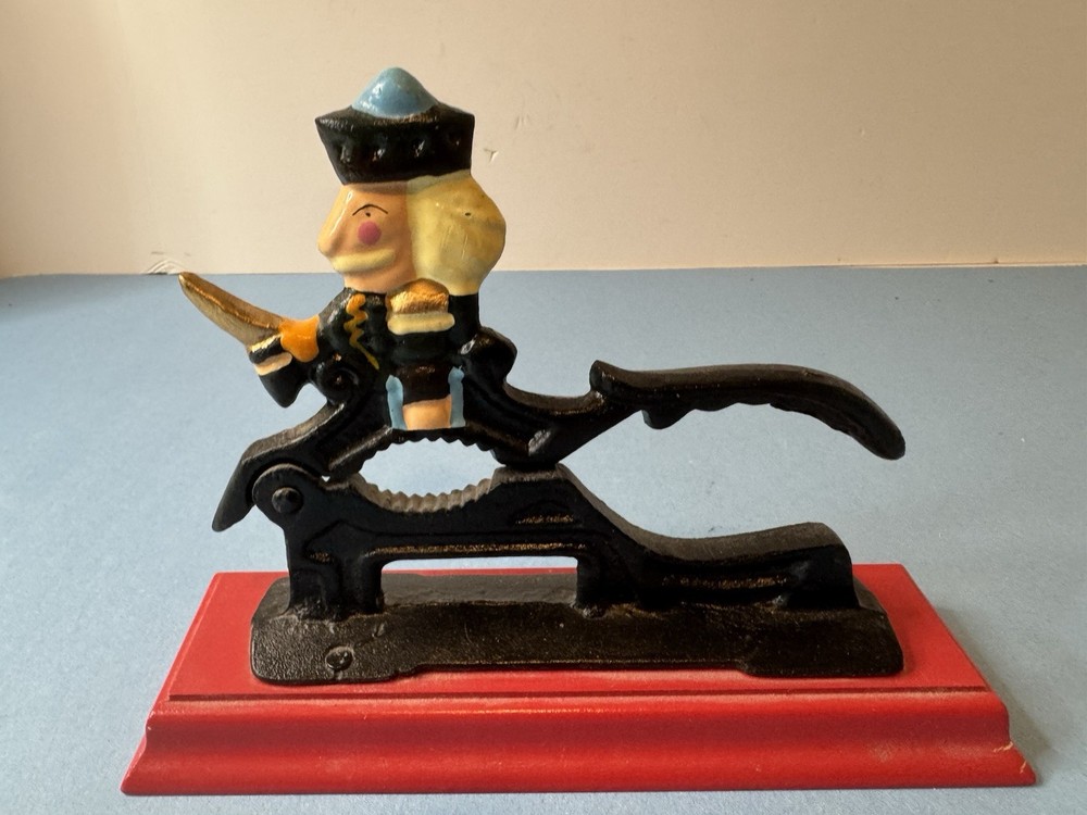 Vintage Cast Iron Nut Cracker On Wood Base Christmas Nutcracker Soldier
