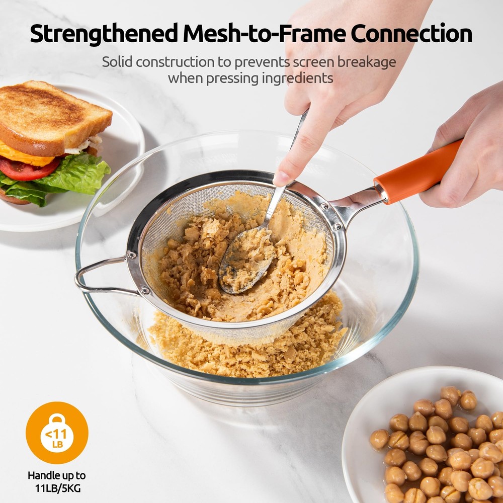 Medium Fine Mesh Strainer 4.7" 30-Mesh Sieve Stainless Steel Silicone Handle
