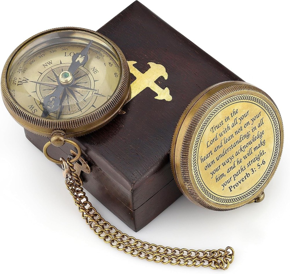 Brass Compass Gift with Display Box - Engraved Scripture Prayer Compass Relig...