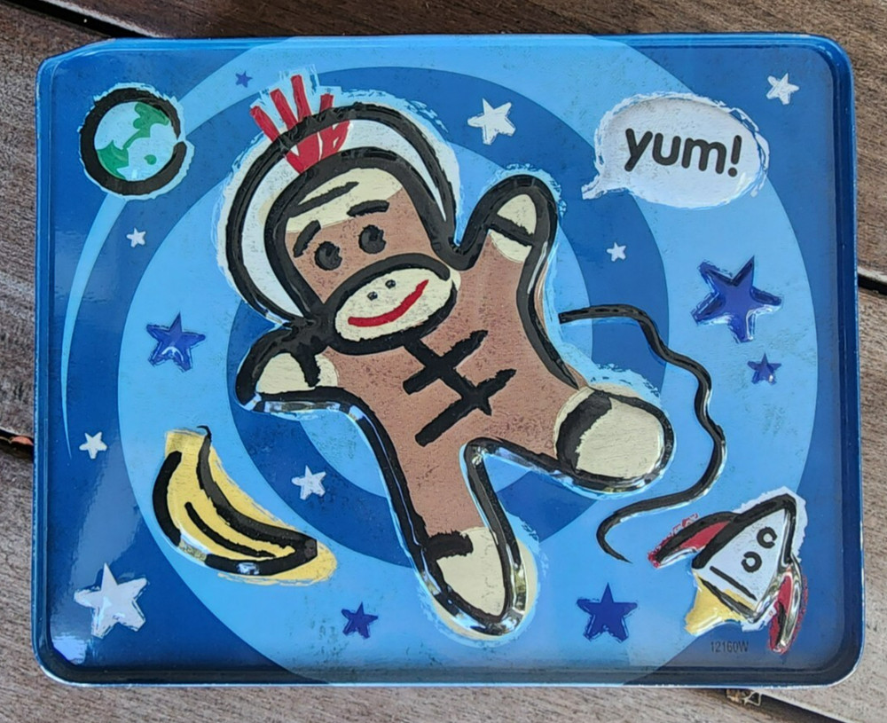 Schylling 2008 3D Sock Monkey Metal Lunch Box EUC Collectible Keepsake Box