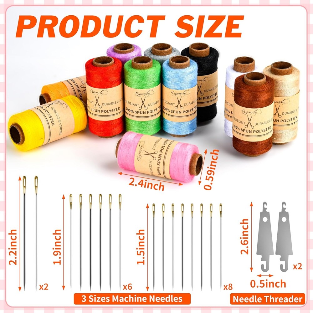 BYMORE 30 Pcs Sewing Thread Kit, 12 Colors 400 Yards per Polyester Thread Spools