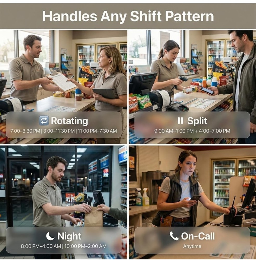 App-Based Time Clock, 5s Setup, Auto Break, Lunch & Overtime Rules, Local Data