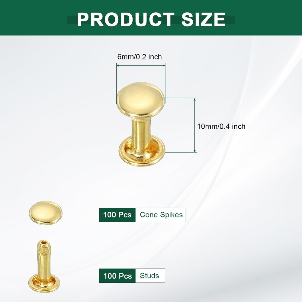 100 Sets Double Cap Leather Rivets, 6x10mm Round Cap Metal Studs, Gold