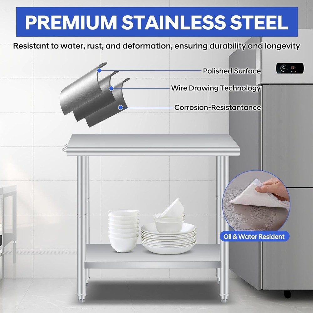 36" Stainless Steel Table – Prep Island, Workshop, Garage, Foldable & Easy Clean