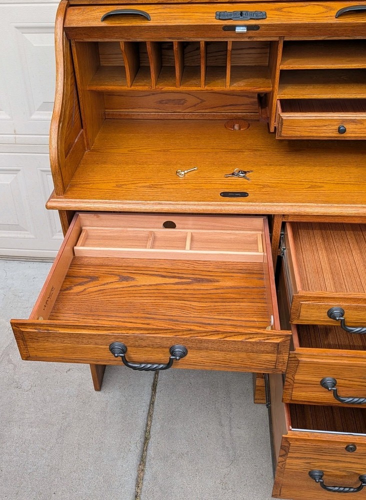 Solid Oak Roll-Top Desk by Winners Only Inc. – Locking Secretary Desk