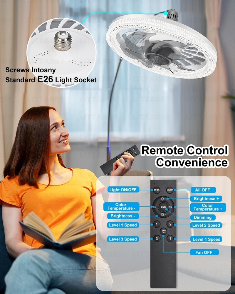 Ceiling Fans with Lights, Socket Fan Light Remote Control, White-Large