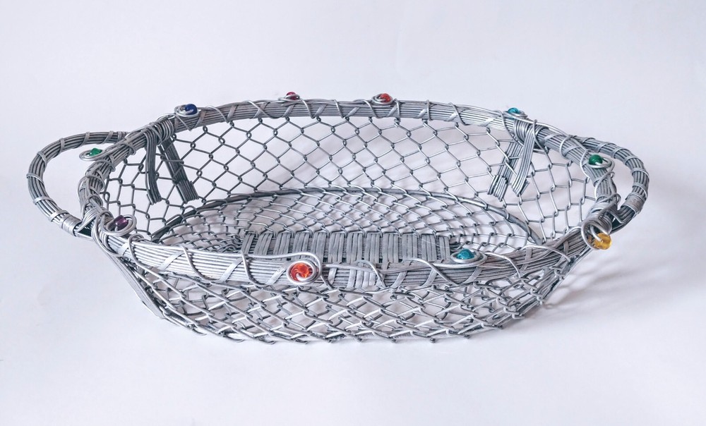 Large Wire Embellished Beaded Basket With Handles