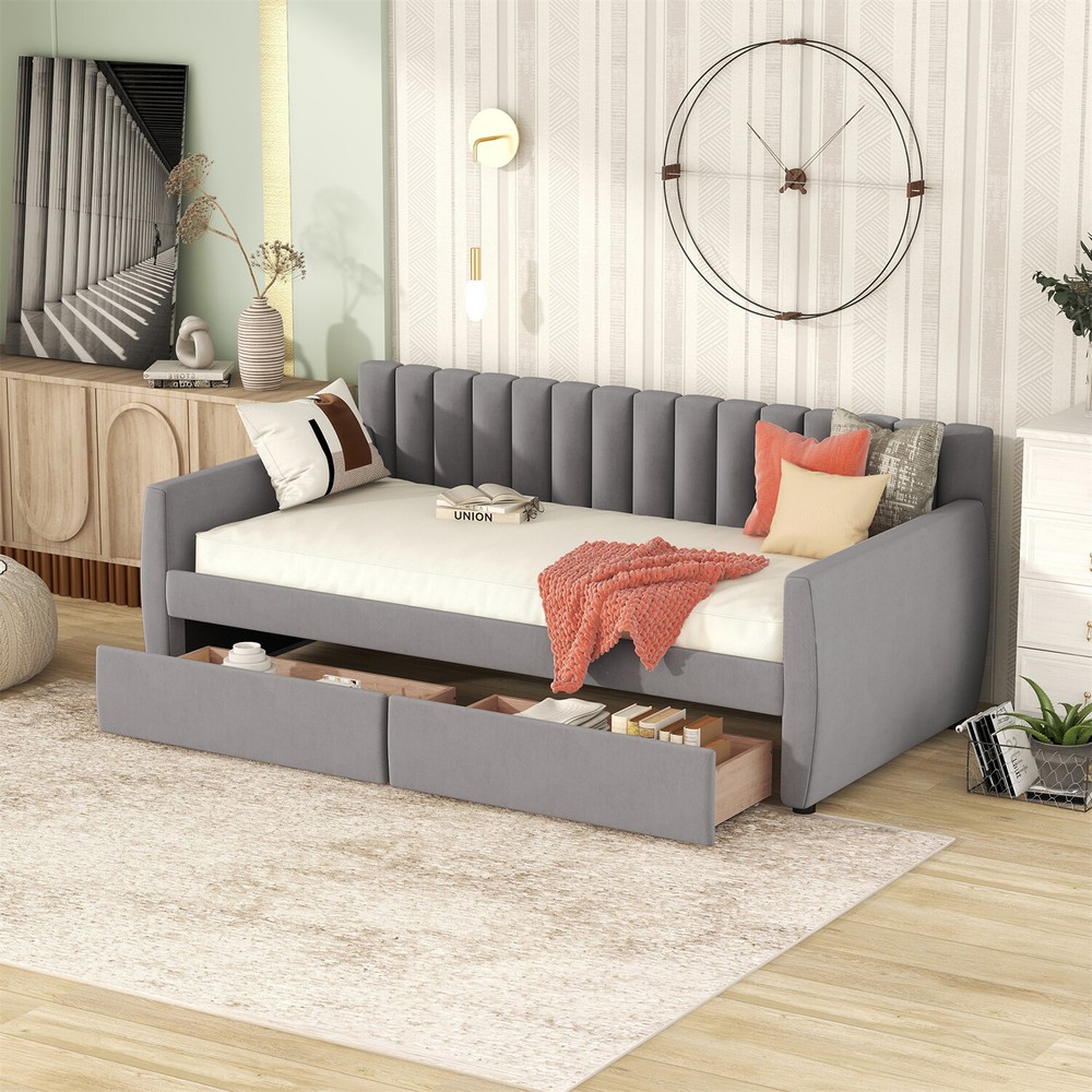 Twin Size Daybed with 2 Drawer Upholstered Bed Frame Sofa Bed w/ Storage Gray