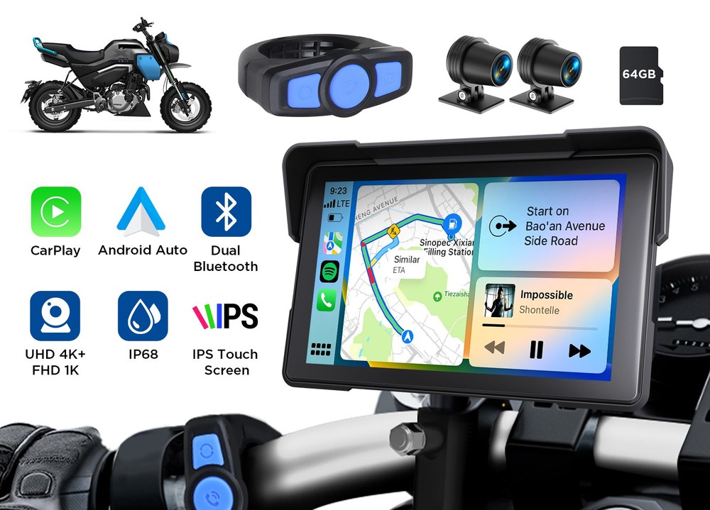 7" IPS Touch Screen Motorcycle Stereo Wireless CarPlay Android Auto Bluetooth 4K