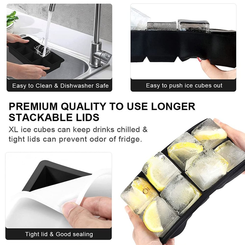 LessMo Ice Cube Tray with Lid - 2 Pack Large Silicone Large, Black