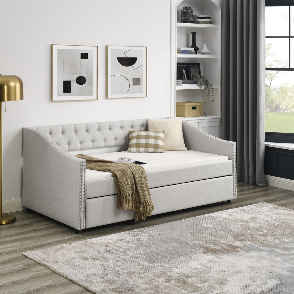 Twin/Full Size Daybed w/ Pull Out Trundle Bed Upholstered Bed Frame Sofa Bed