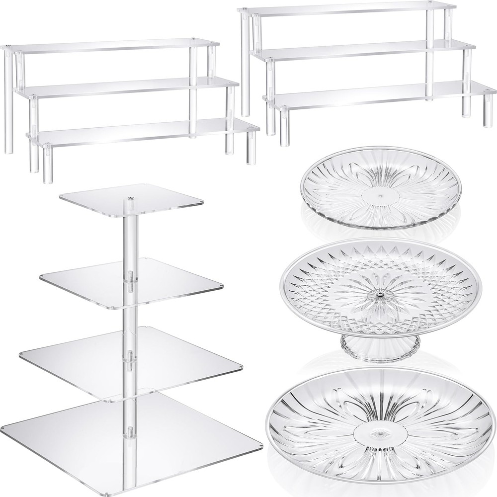 6 Pcs Acrylic Cake Stands Set Include 2 Display Risers 1 Pcs 4 Tier Cupcake T...