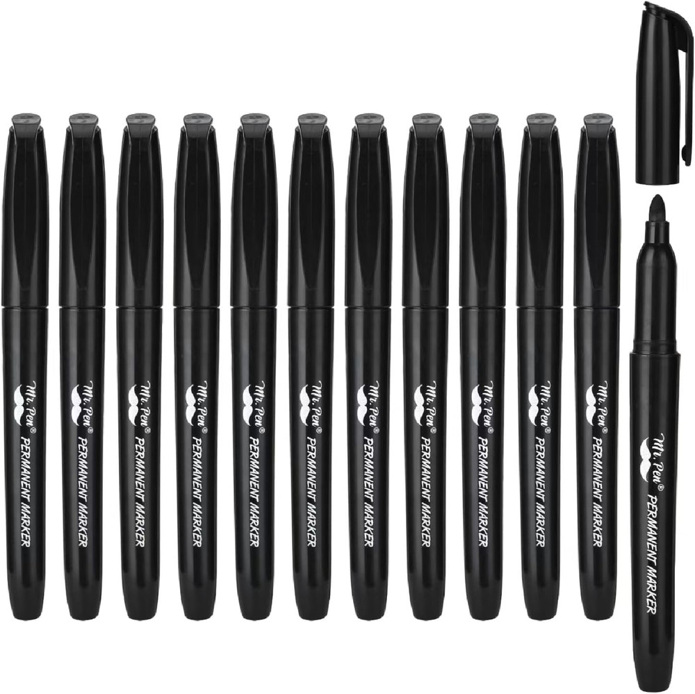 Black Fine Tip Permanent Markers, 12 Pack for Office and School Use