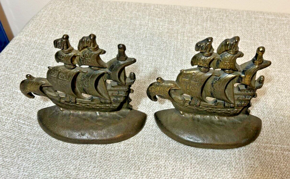 Vintage Solid Brass Pair of Ship Spanish Galleon Bookends