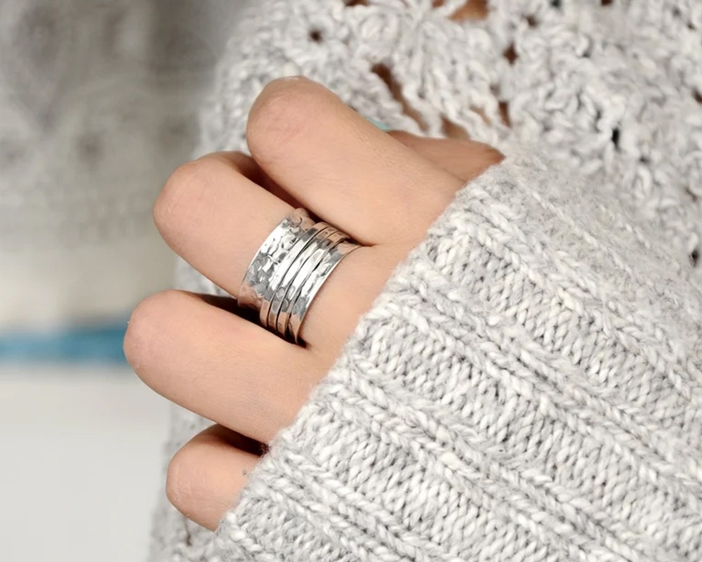 Solid 925 Sterling Silver Spinner Worry Meditation Hammered Band Handmade Ring