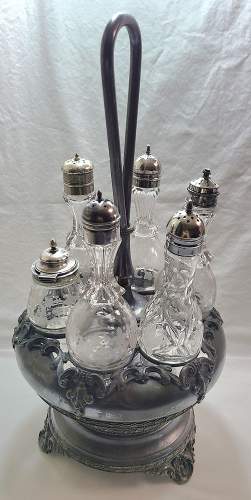 Antique Cruet Castor Set 6 Bottles / Inserts  Glow Under Black Light Silverplate