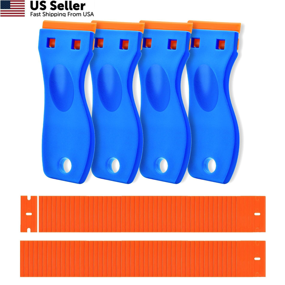 4 Pcs Plastic Razor Blade Scraper and 120 Blades, Remove Label Decal...