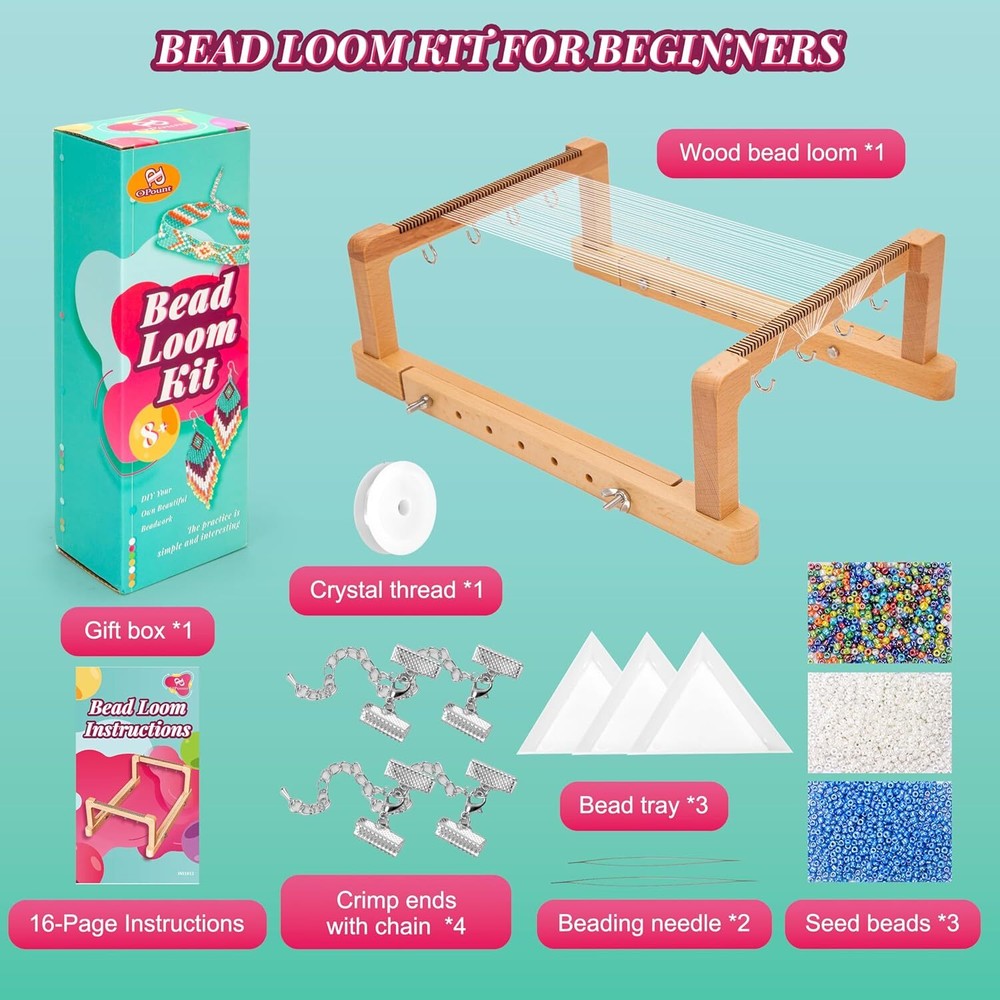 PP OPOUNT Adjustable Bead Loom Kit, Wood Beading 512 PCS, colored