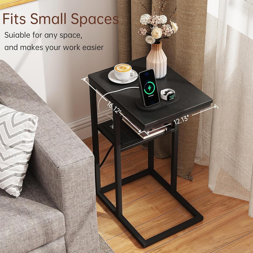 Vagusicc C Shaped End Table with Charging Station, Small Side for Black