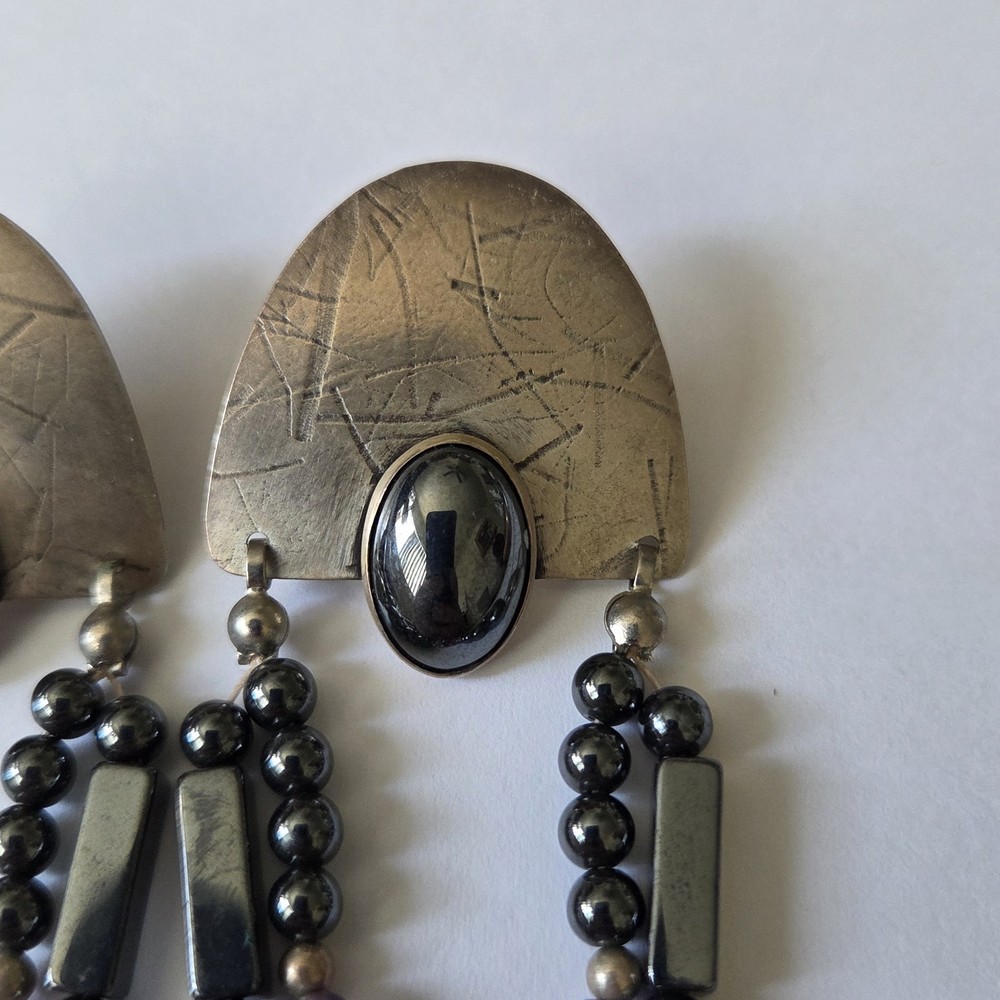Signed MARCELL Southwestern Sterling Stud Earrings Hematite & Amethyst