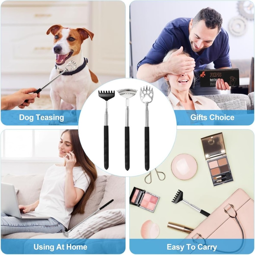 3 Pack Different Back Scratcher Metal Portable Telescoping with Rubber Handles