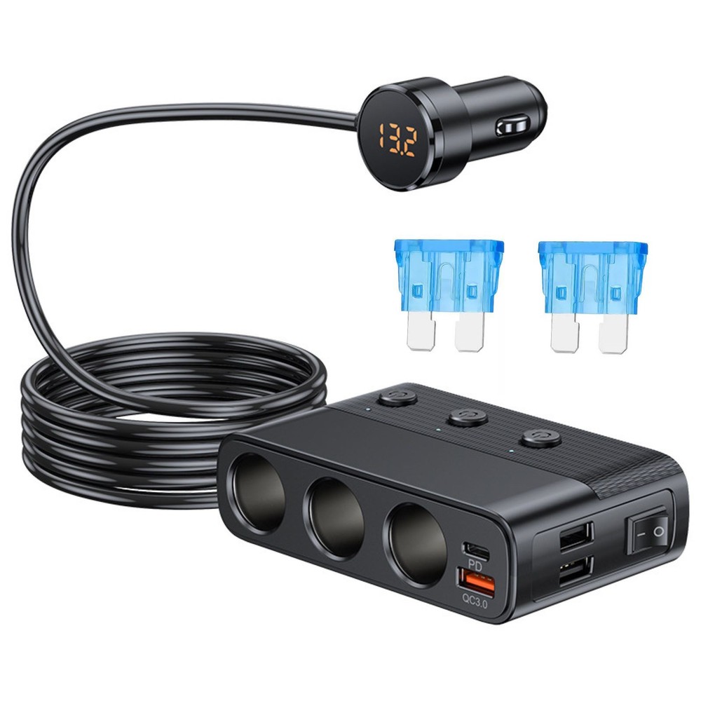 V3 Way Car Cigarette Lighter Socket Splitter 7 in 1 Power Adapter 127W (Max)