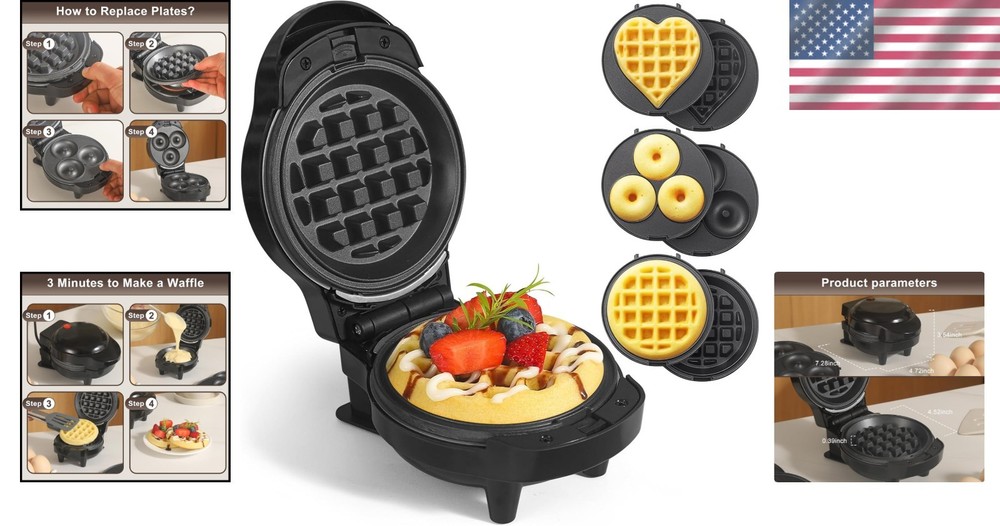 Mini Waffle Maker with Heart & Donut Plates