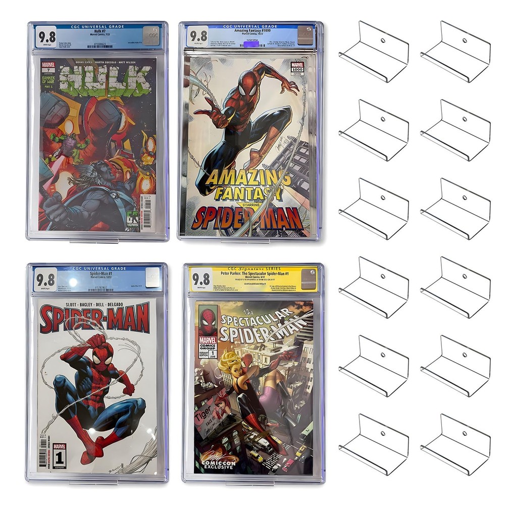 12pcs Clear Floating Comic Book Display Shelves - Wall Mount Showcase Holder