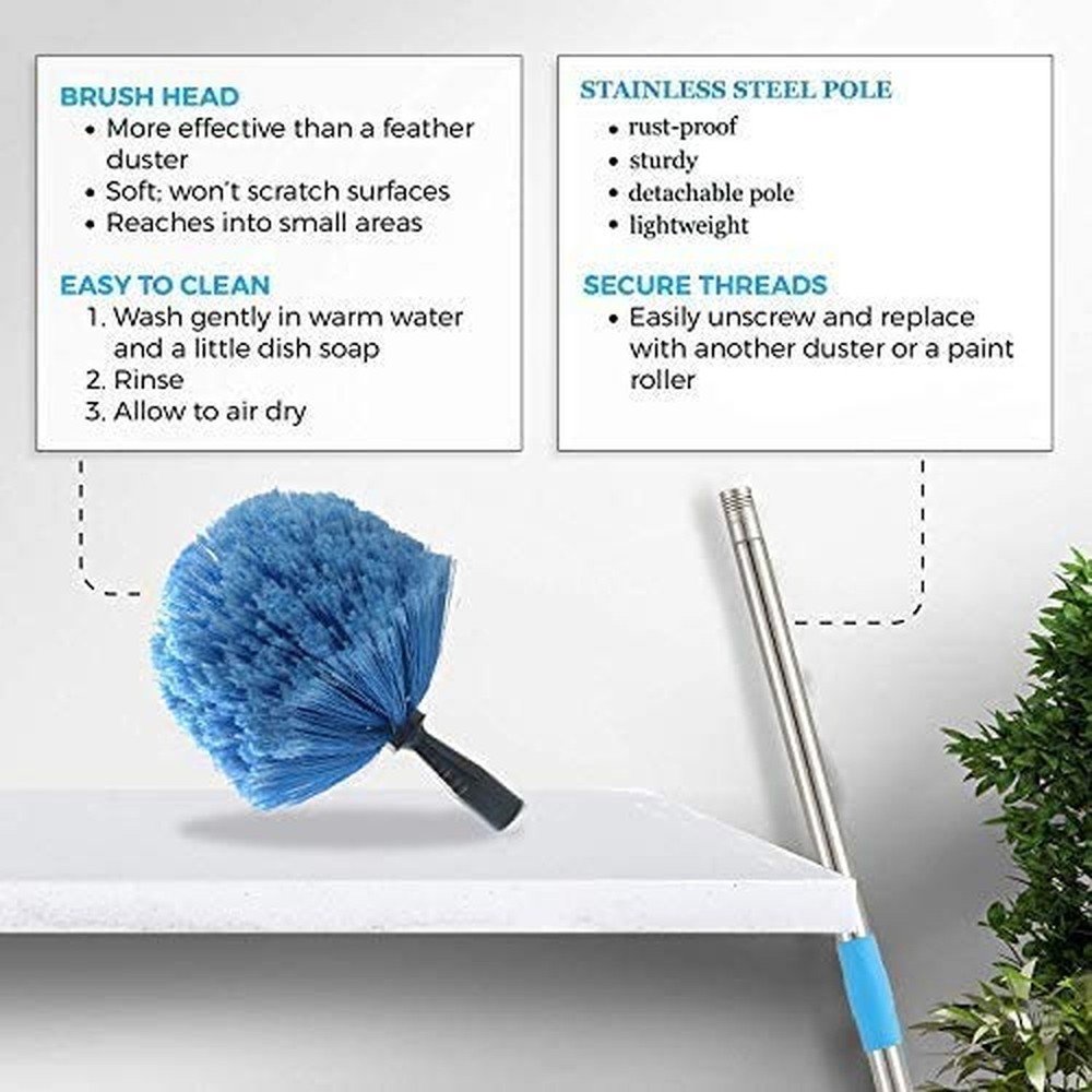 Cobweb Duster with Pole, 4ft Stainless Steel Pole Cobweb Brush with Medium-St...
