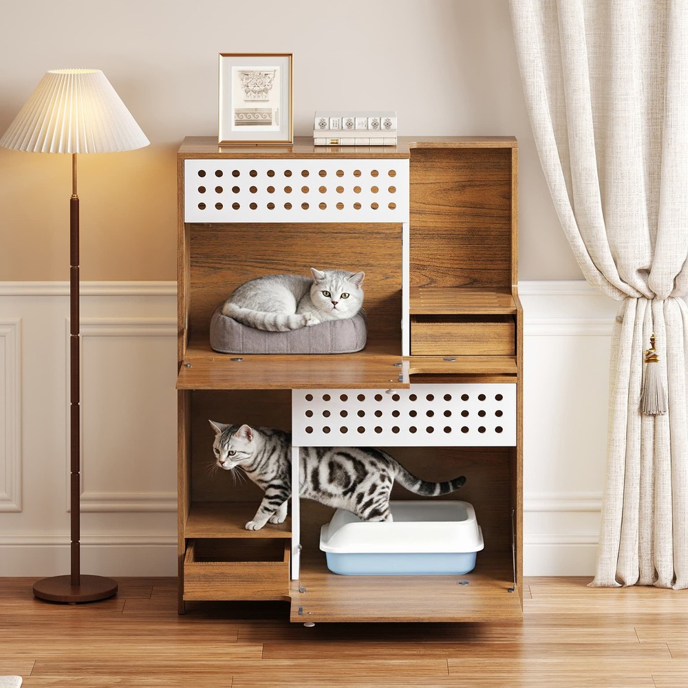 Brown 2-in-1 Cat Litter Box Enclosure Side Table Storage for 2 Small-Medium Cats