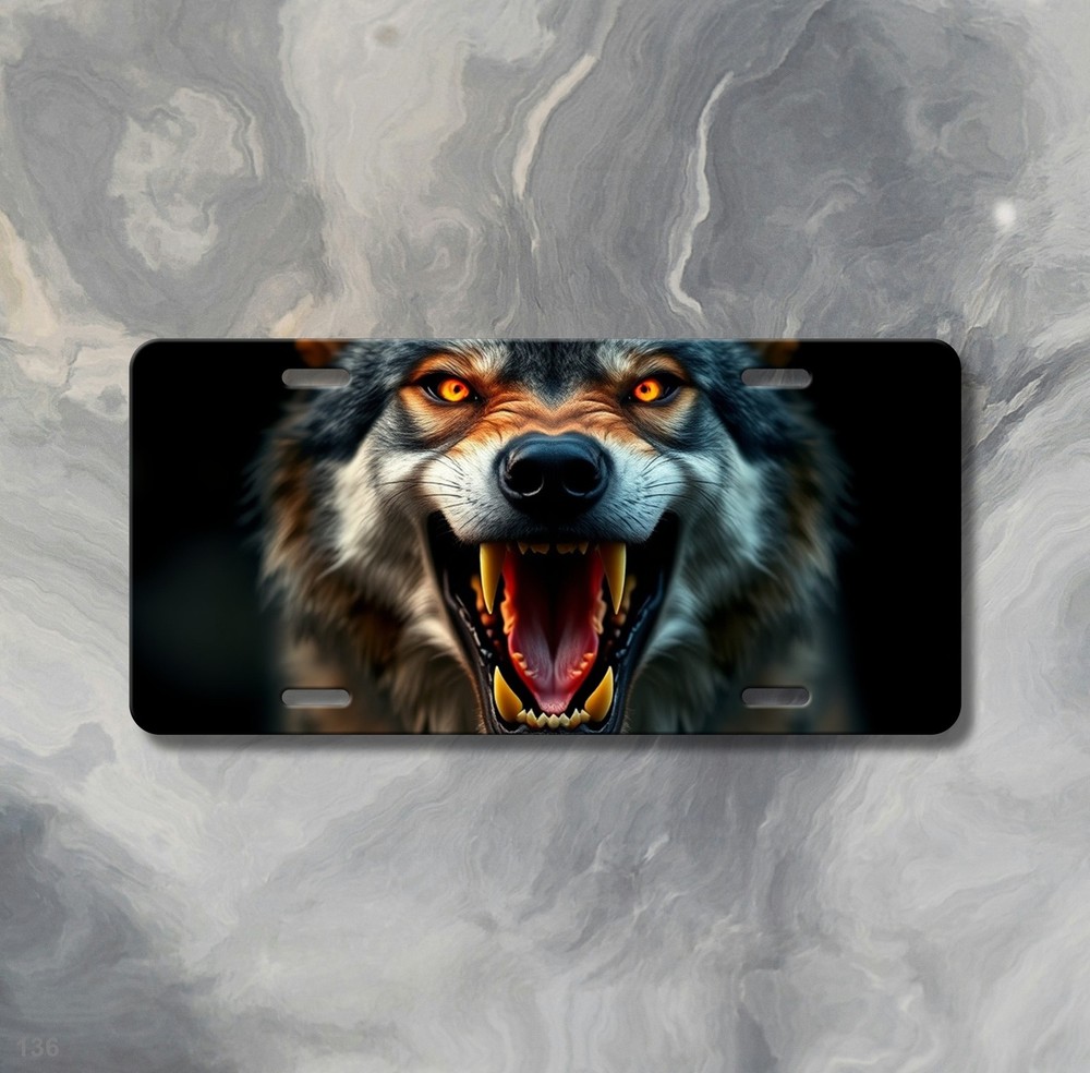 Aggressive Wolf License Plate with Sharp Teeth Optional Text Decorative Plate Bi