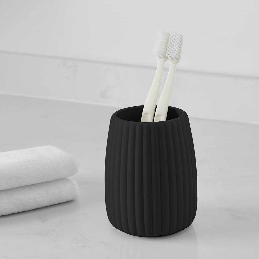 Rubberized Plastic Ribbed Toothbrush Holder, Black