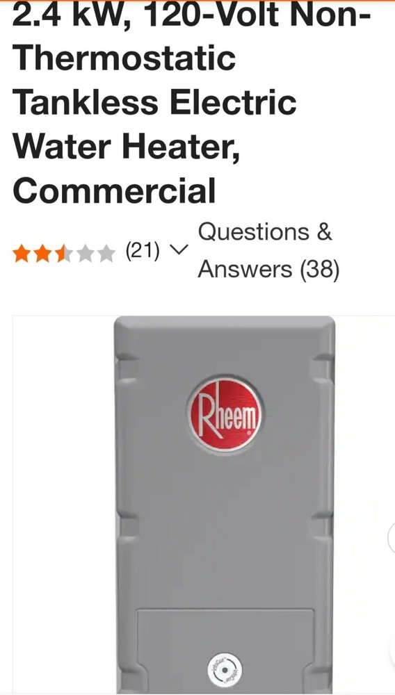 Rheem 2.4kW, 120-V Non-Thermostatic Tankless Electric Water Heater