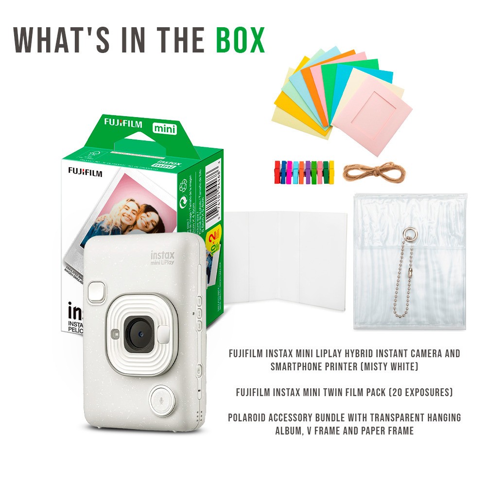 Fujifilm Instax Mini LiPlay Camera and Smartphone Printer Misty White Bundle