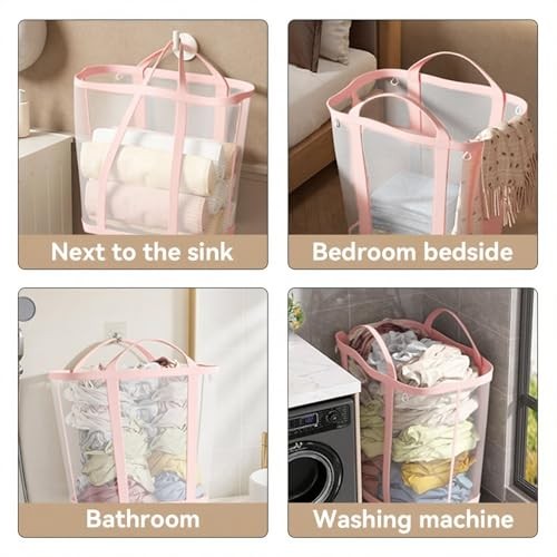 Collapsible Laundry Caddy (11 Gallon), Mesh Laundry Tote, Foldable Clothes Pink