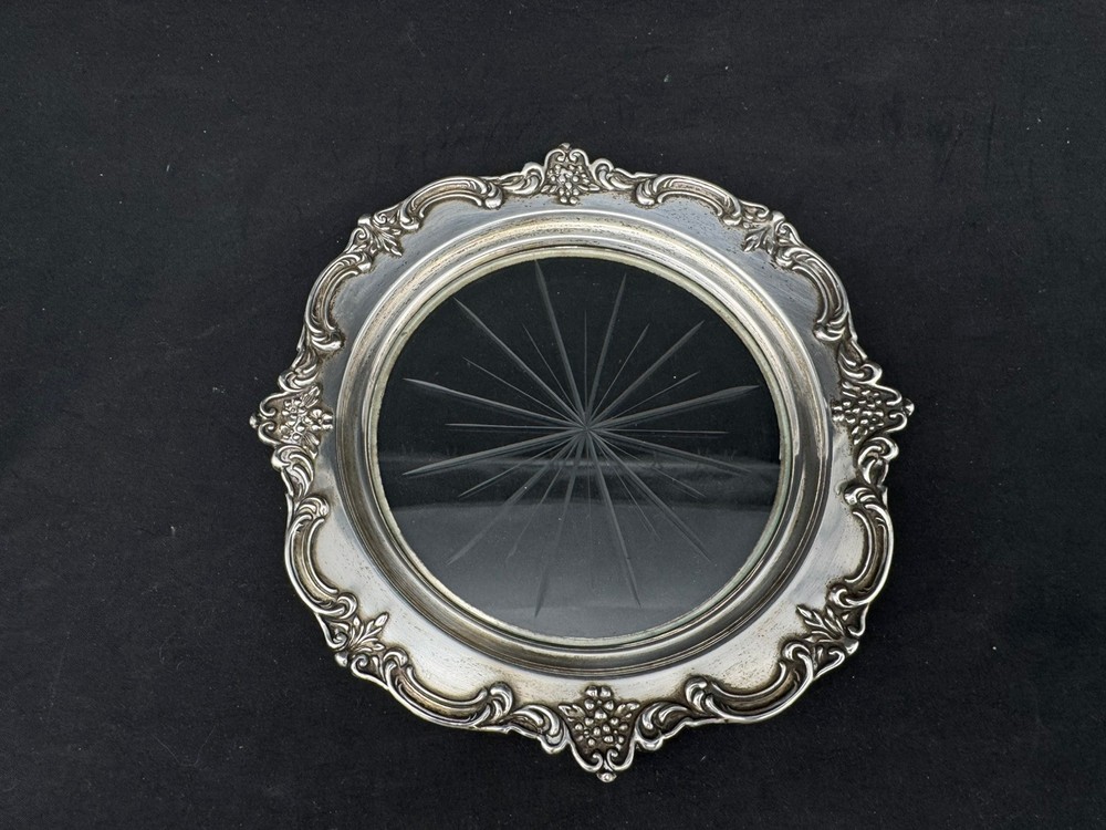 Vintage Sterling Silver Glass Coaster Repousse, 6.25"