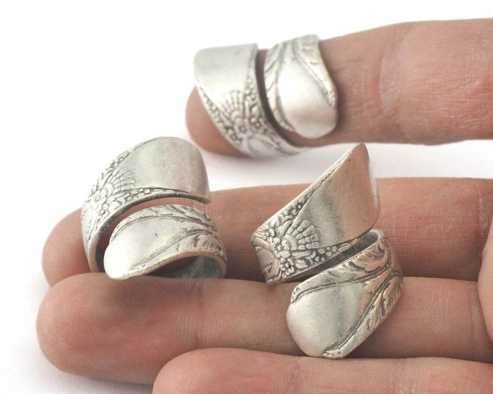 Spoon Wrap Ring Flower Adjustable Antique Silver Plated Brass 7us 4072