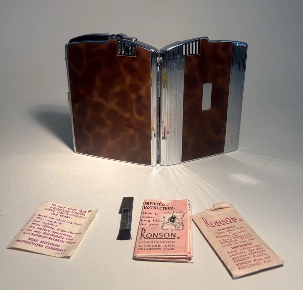 Vintage Ronson Cigarette Case Lighter Never Used Original Box, Bag,Instructions