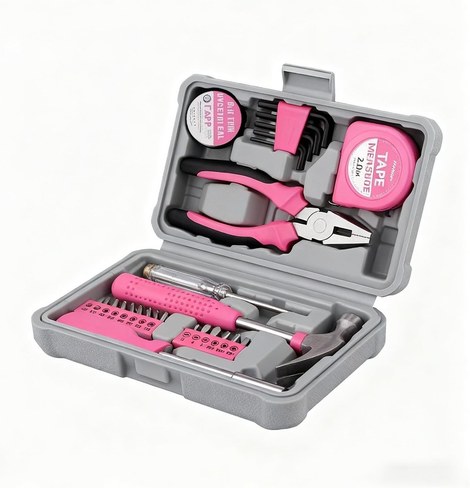 25PCS Pink Household DIY Tool Kit, Small Mini Tool Box Set of Starter Basic Tool