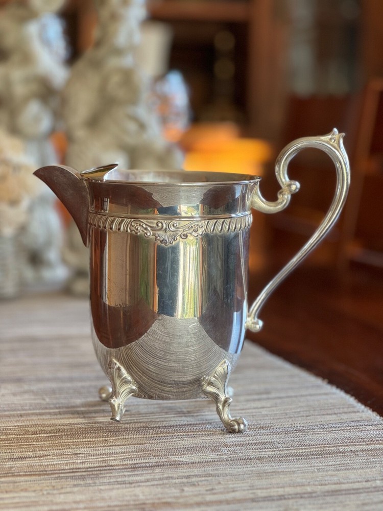 Vintage Silver on Copper Pitcher Acanthus Leaf Footed Ice Lip 8” Tall