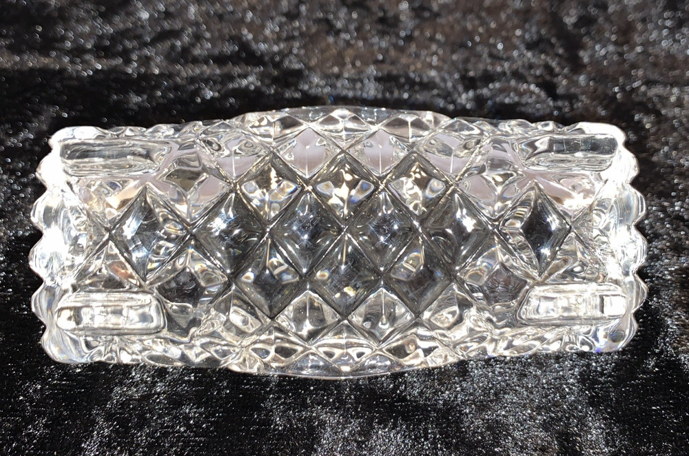 Vintage Diamond Pattern Pressed Glass Open Rectangular Toothpick Holder Dish