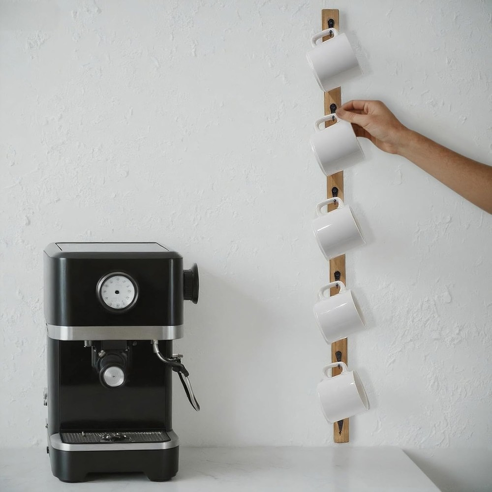 Wall-Mounted Coffee Mug Rack 6-Hook Solid Wood Cup Holder Kitchen Cabinet