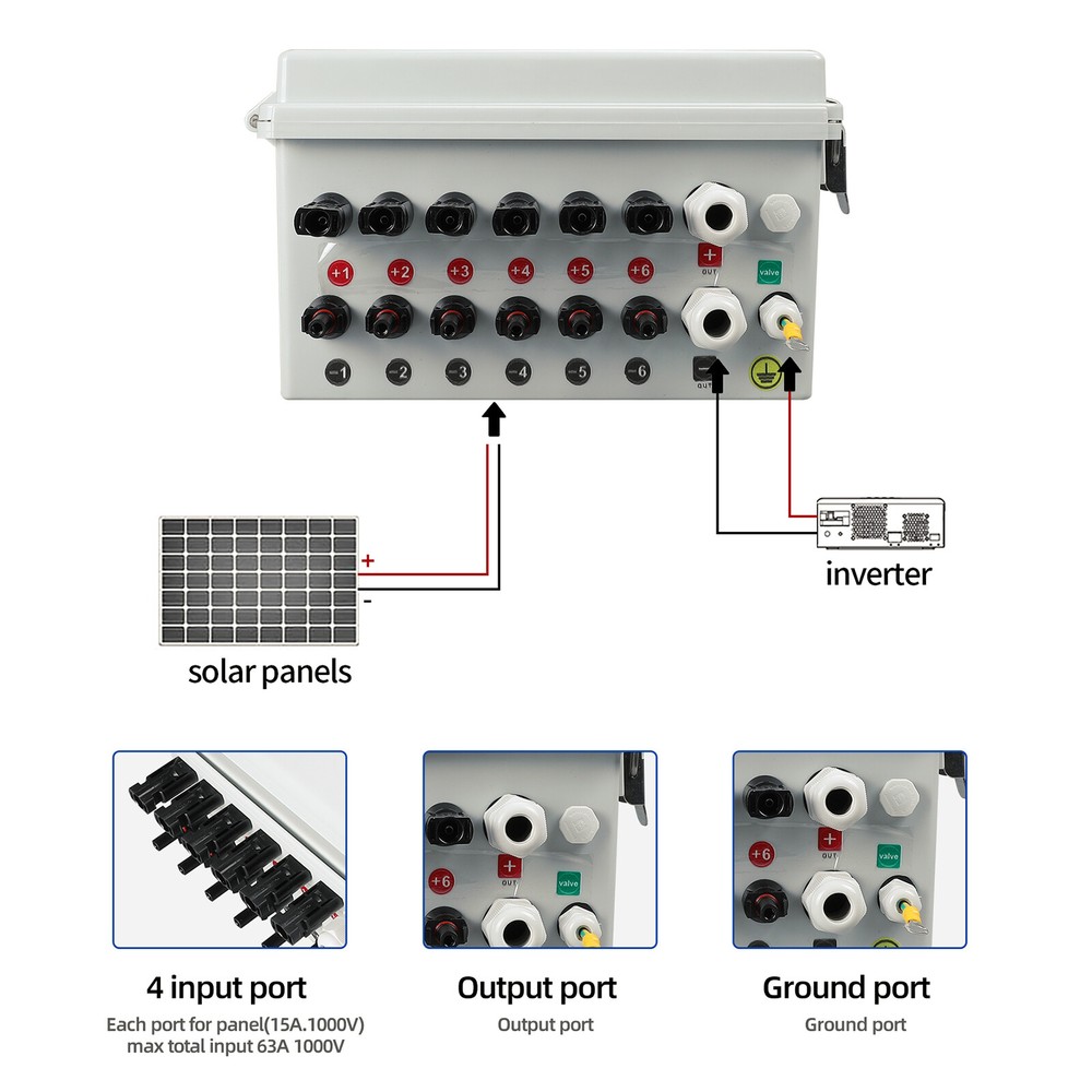 6 String Solar PV Combiner Box 15A Circuit Breaker for Solar Panel Plastic