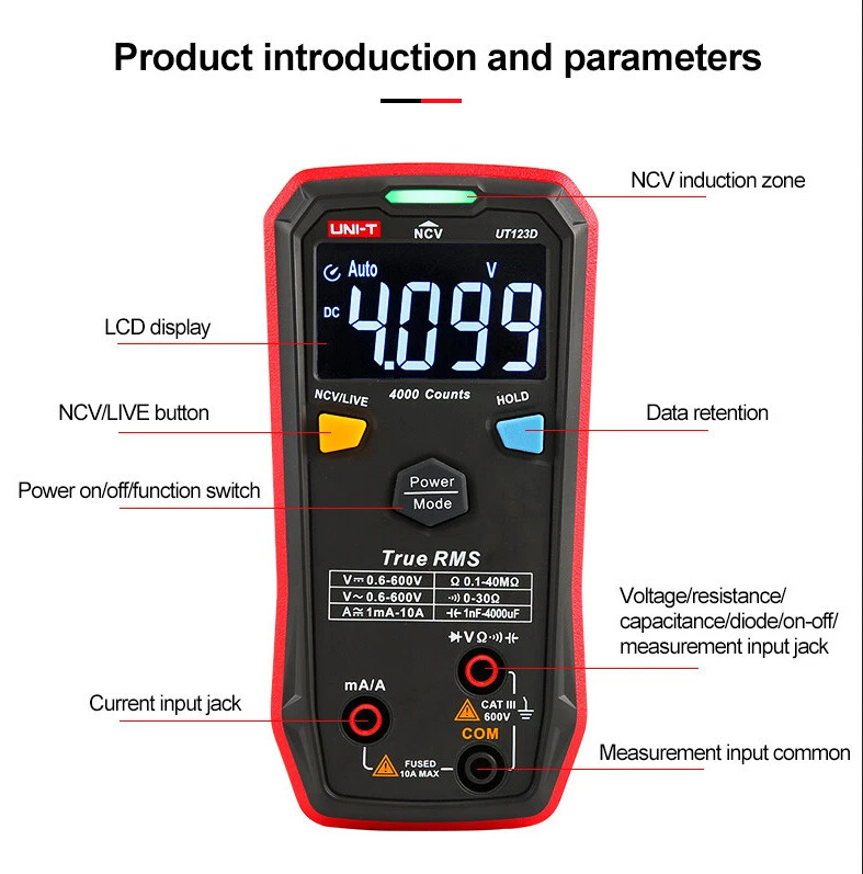 UNIT UT123D Smart TRMS Digital Multimeter AC/DC Volt Amp Live Wire NCV Tester