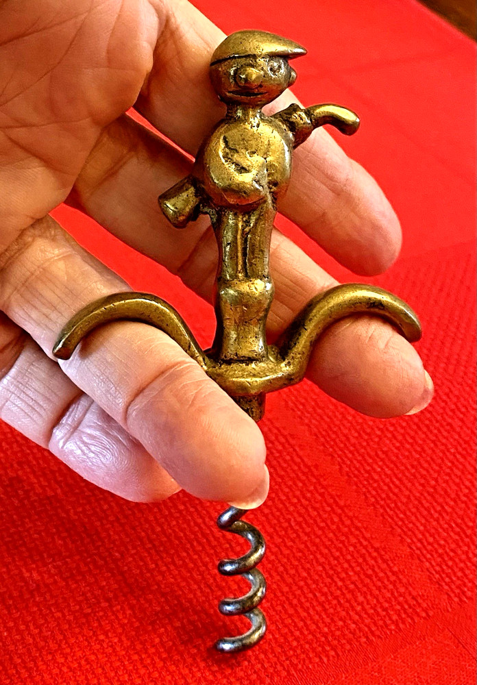 Vintage Solid Brass BOY w UMBRELLA Figural 4-D CORKSCREW 2 Finger Pull, Austria?