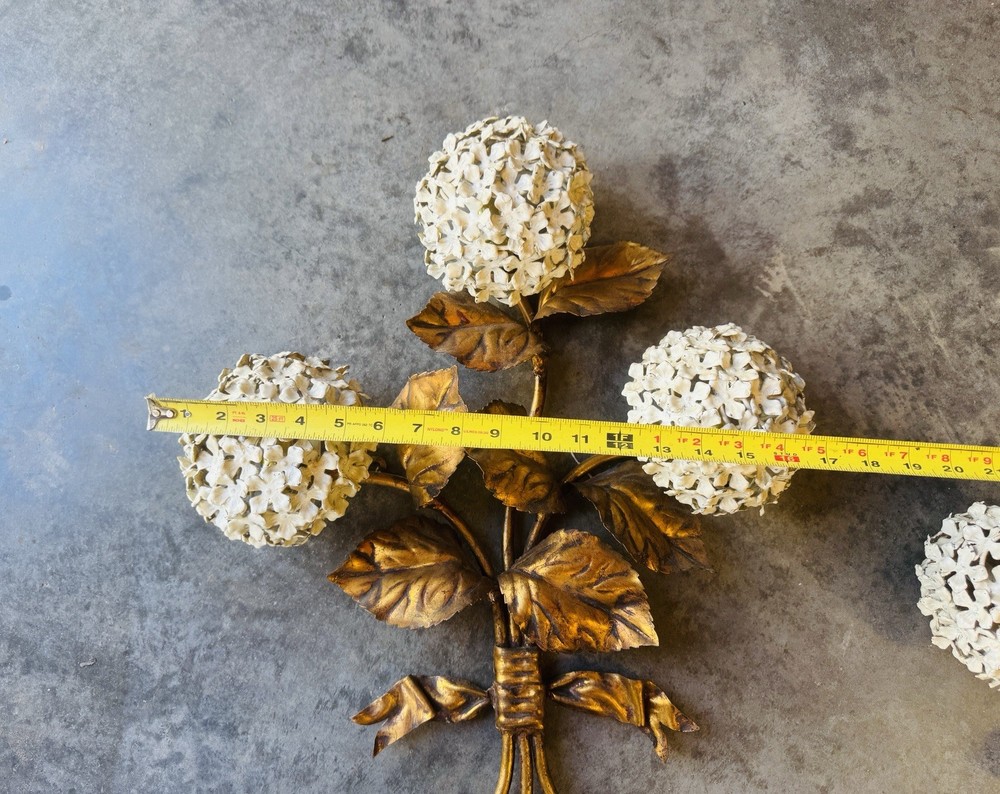 1950s Hydrangea Wall Light Sconces Italian Tole white enamel hydrangeas Pair